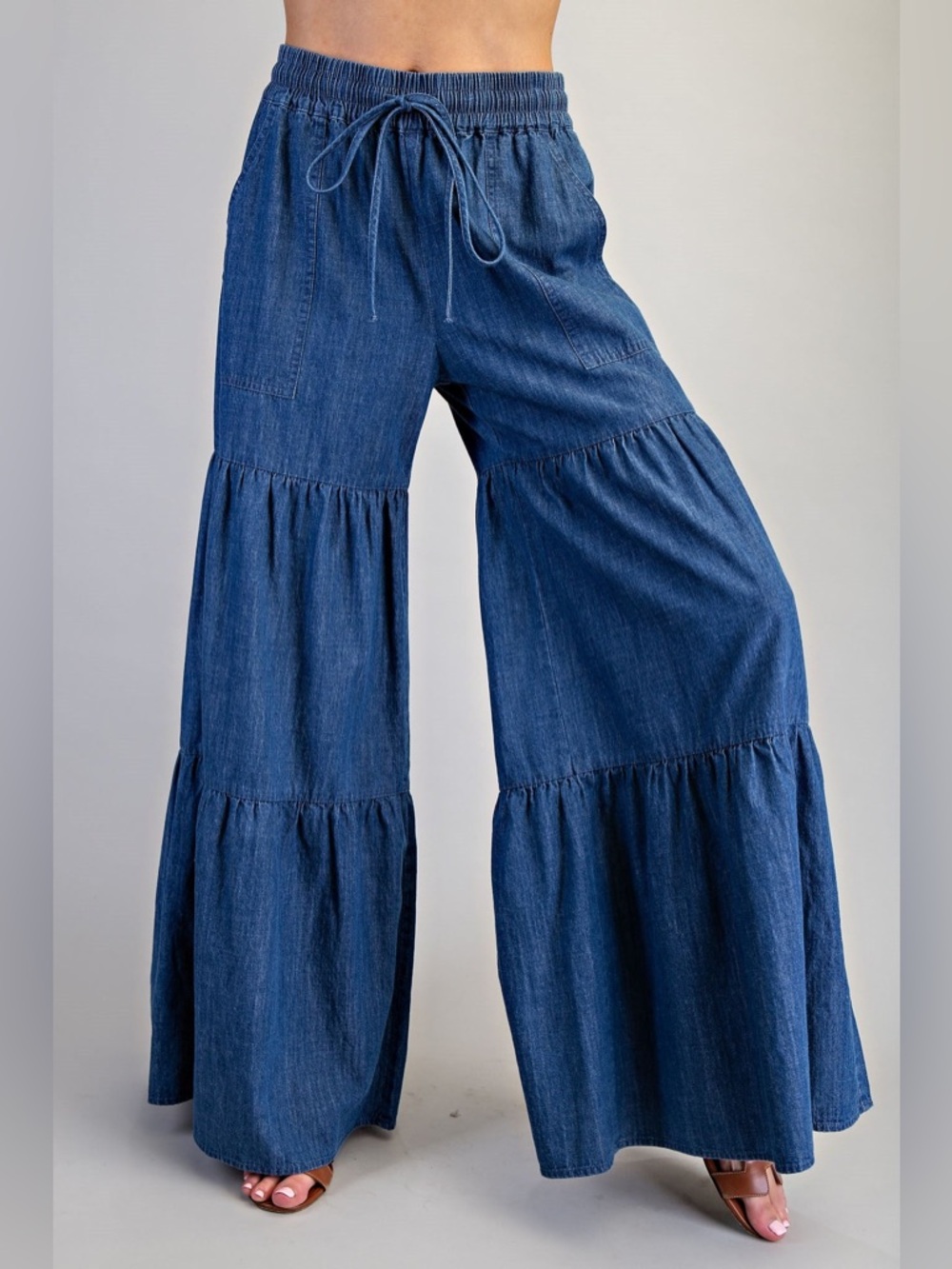 Tiered Ultra Wide Leg Mineral Washed Denim Palazzo Pants - eesome - Picture 9 of 10